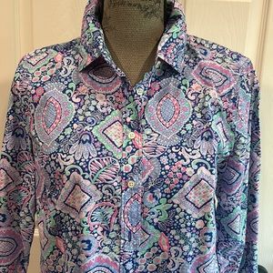 Talbots Blue/Pink Multi Paisley Long Sleeve 100% Cotton Button Front Shirt Sz M